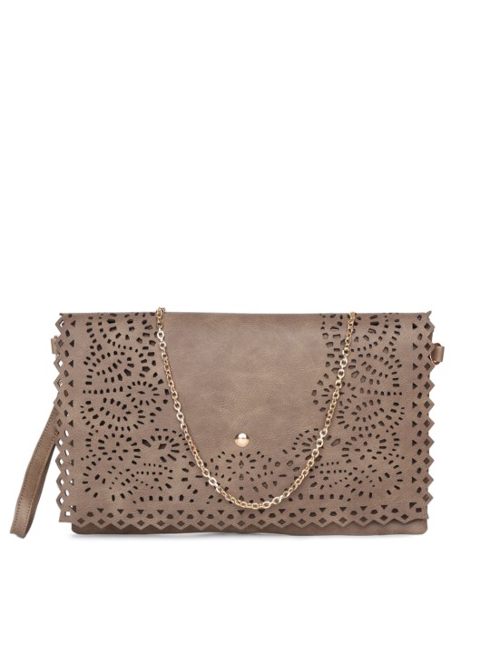 Brown Solid Cut Work Foldover Clutch