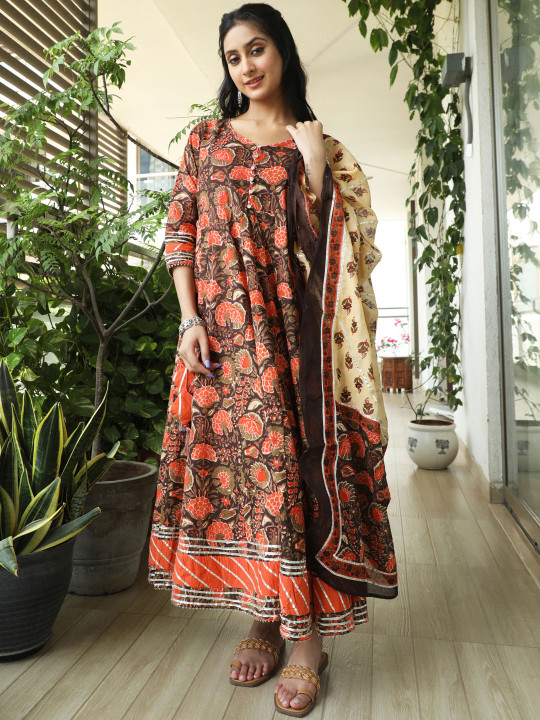 AKS Couture Ethnic Motifs Printed Cotton Anarkali Kurta With Dupatta