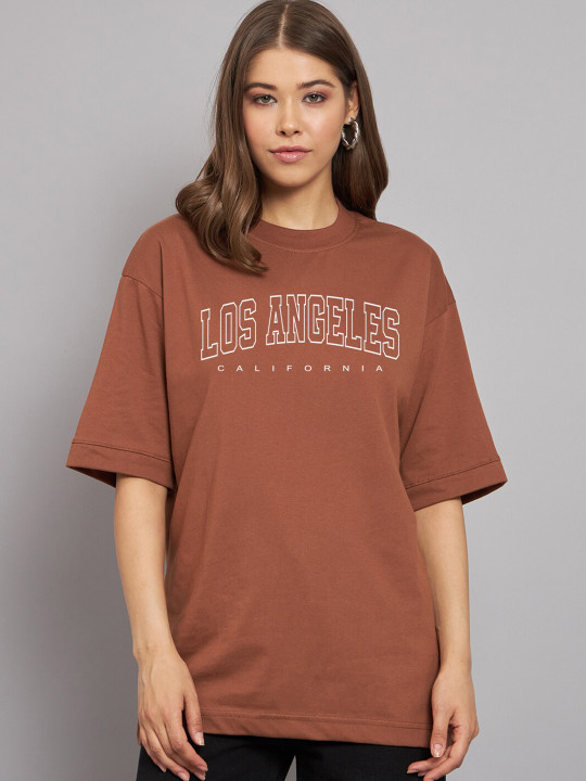 Imsa Moda Typography Printed Drop-Shoulder Sleeves Cotton Oversized T-Shirt