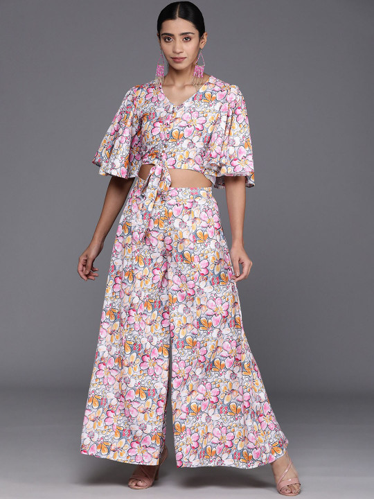 Varanga Grey & Pink Floral Printed Tie-Up Crop Top & Palazzos