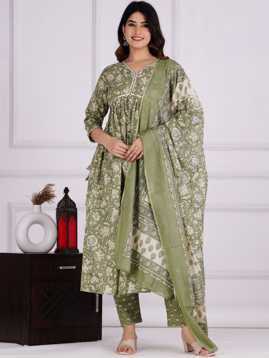KALINI Floral Printed Empire Pure Cotton A-Line Kurta & Trousers With Dupatta