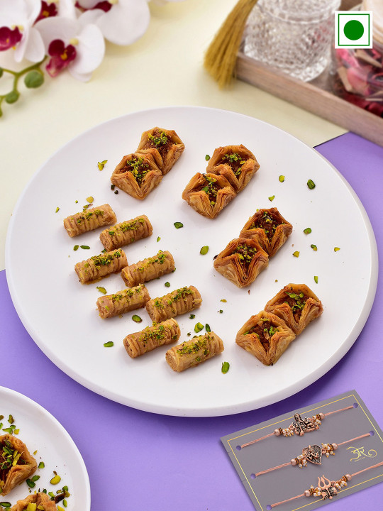RawFruit Set Of 3 Beaded Rakhi With Baklava Sweet Gift Set-160 gms