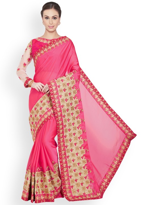 Magenta & Beige Pure Georgette Embellished Saree