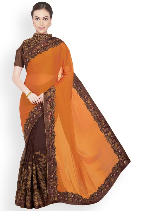 Orange & Brown Pure Georgette Embellished Saree