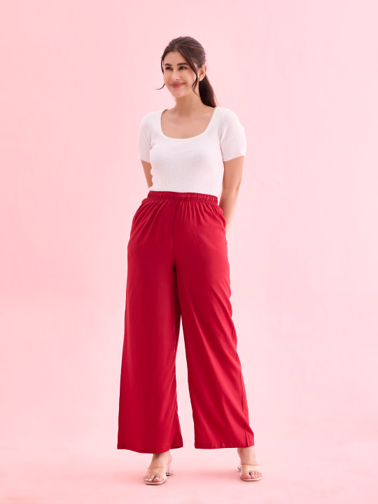 Go Colors Women Wide Leg Knitted Palazzos