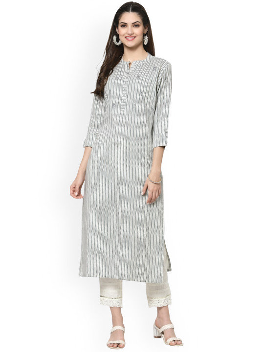 Avipsa Ethnic Motifs Printed Mandarin Collar Mirror Work Detailed Straight Kurta