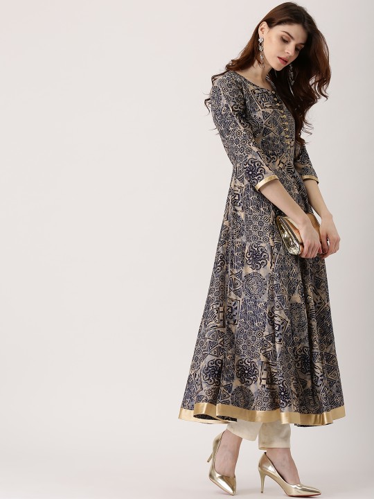 Libas Women Navy Blue & Beige Printed Anarkali Kurta - Kurtas for Women 2440697 | Myntra