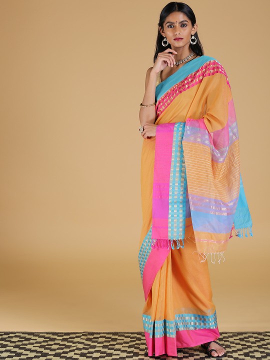 Orange Silk Cotton Solid Maheshwari Saree