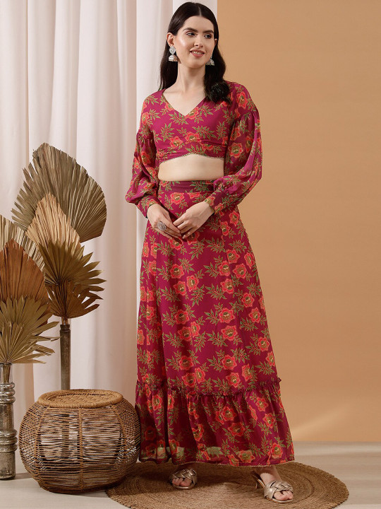 indo street Floral Printed Crop Top & Skirt