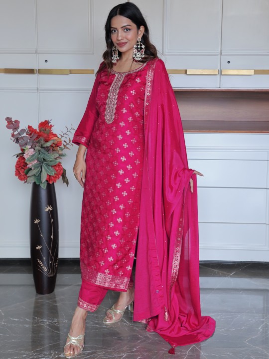 Ethnic Motifs Embroidered Sequinned Straight Kurta With Trousers & Dupatta Ethnic Motifs Embroidered Sequinned Straight Kurta With Trousers & Dupatta