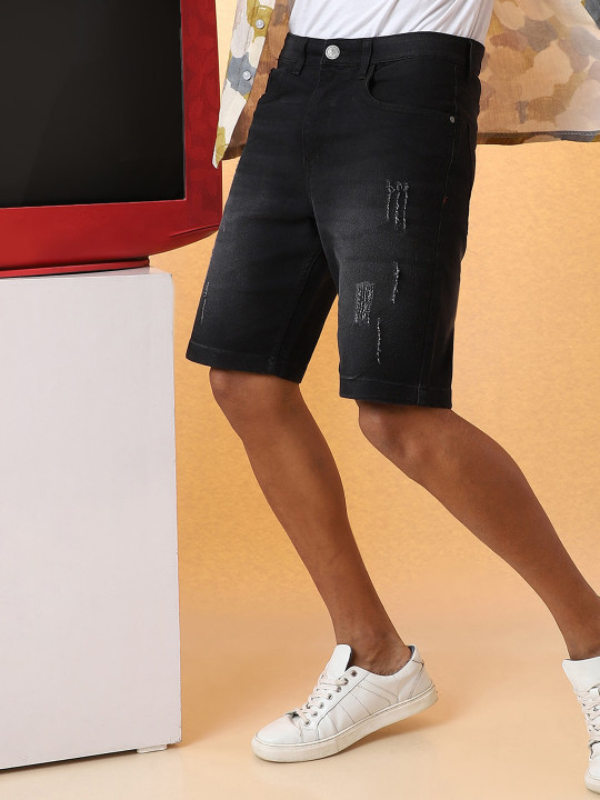 Campus Sutra Men Washed Distressed Cotton Denim Shorts
