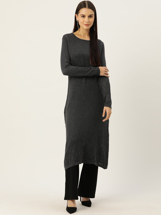American Eye Women Open Knit Hemline Acrylic Winter A-Line Kurta