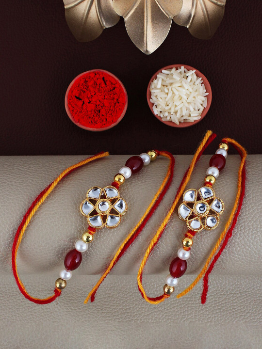 LUCKY JEWELLERY Set Of 2 Kundan Studded Thread Rakhis