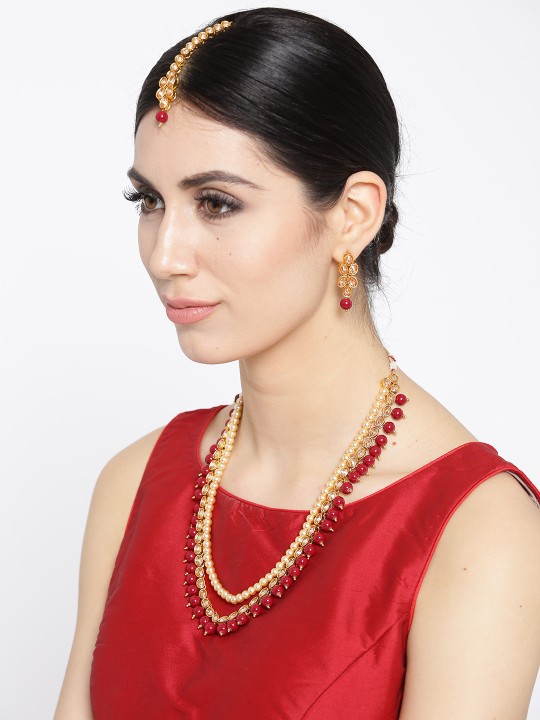 Gold-Toned & Maroon Kundan Stone-Studded Beaded Jewellery Set