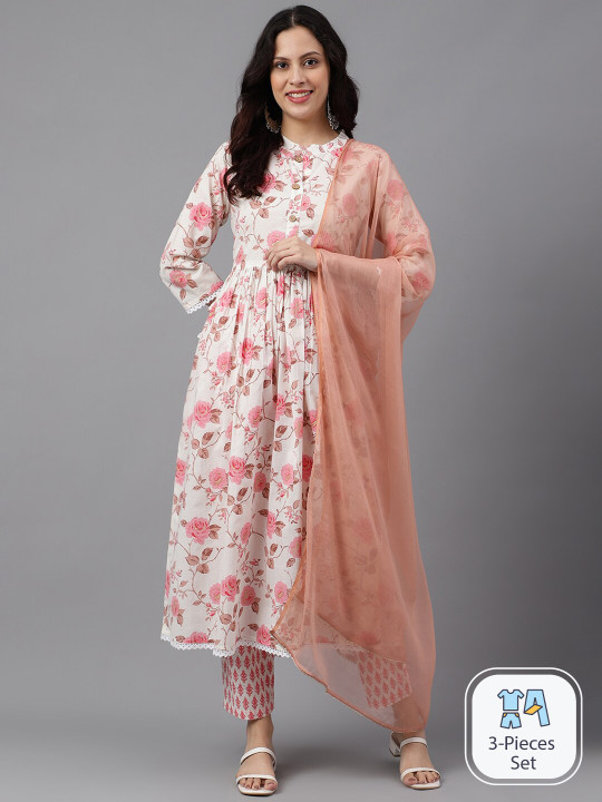 SAABHI Floral Printed Regular Pure Cotton Kurta With Palazzos & Dupatta