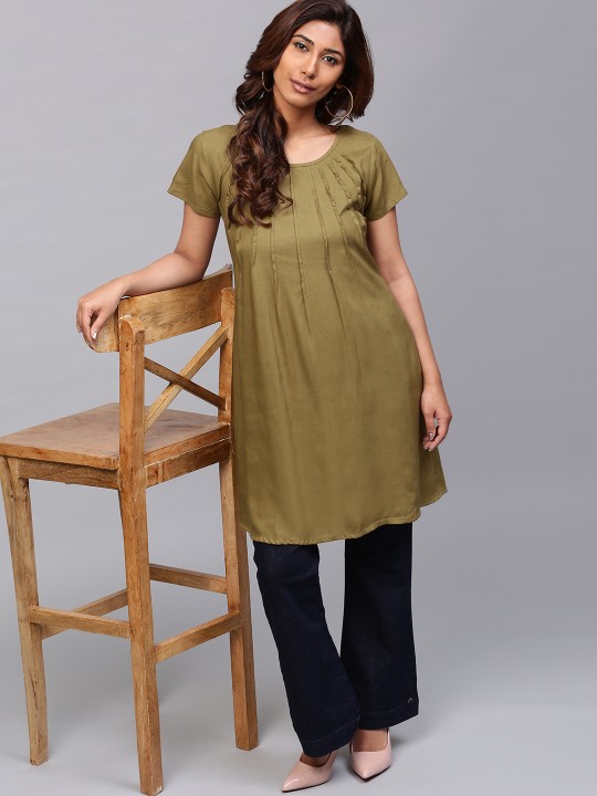 Women Olive Green Solid A-Line Kurta S
