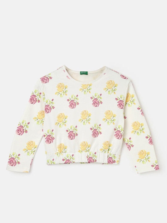 United Colors of Benetton Girls Geometric Printed Round Neck Cotton Ruched Regular Top