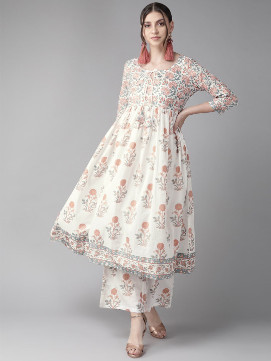 AKS Floral Printed Keyhole Neck Pure Cotton Anarkali Kurta
