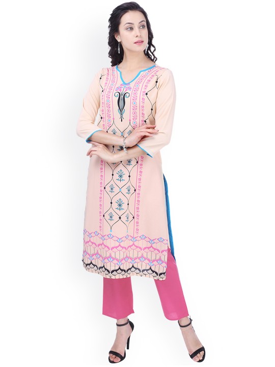 Women Pink & Beige Printed Straight Kurta S