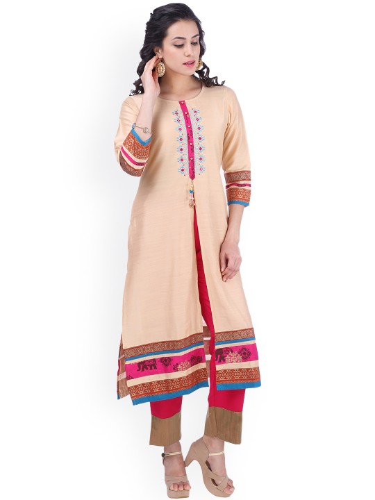 Women Beige Embroidered A-Line Kurta S