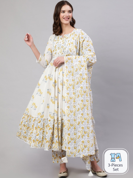 Mizaz Floral Printed Gotta Patti Pure Cotton Kurta With Trousers & Dupatta