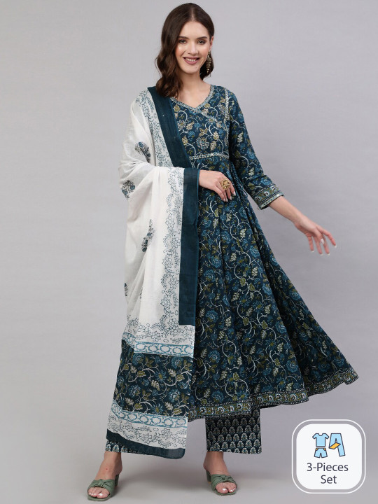 Mizaz Floral Printed Empire Mirror Work Pure Cotton Kurta With Trousers & Dupatta
