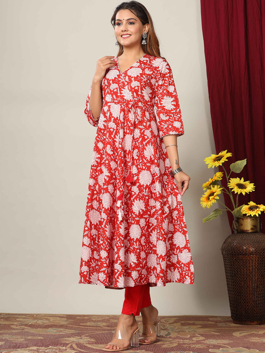 MIRAVAN Floral Printed V-Neck Pure Cotton Anarkali Kurta