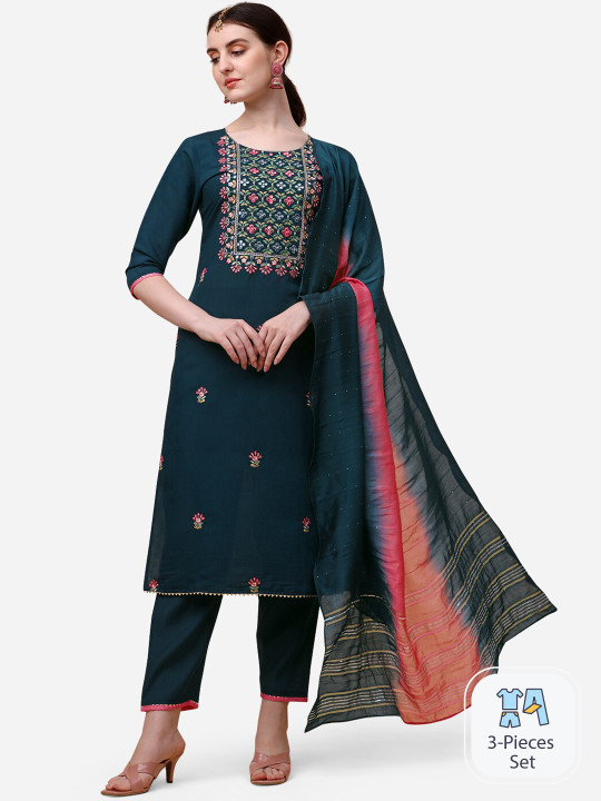 KALINI Ethnic Motifs Embroidered Mirror Work Chanderi Cotton Kurta with Trousers & Dupatta
