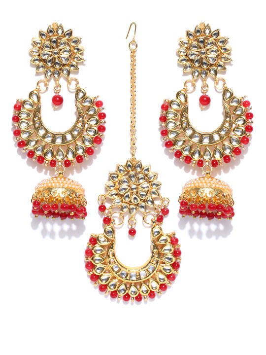Red Gold-Plated Handcrafted Stone-Studded Jewellery Set