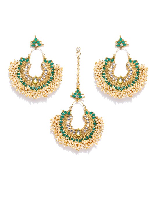 Green Gold-Plated Handcrafted Stone-Studded Jewellery Set