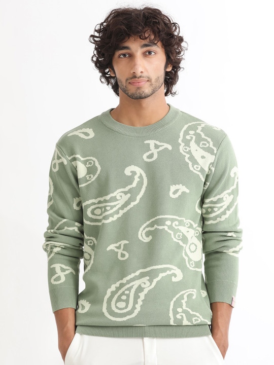 RARE RABBIT Men Tori Crew Neck Ethnic Motifs Sweater