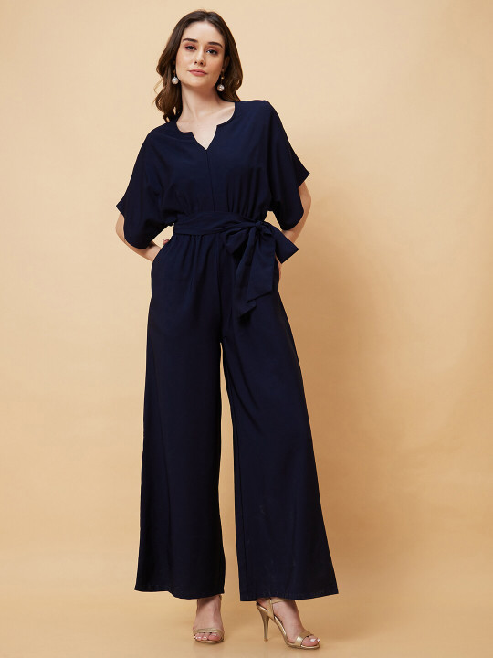 Globus V Cut & Kimono Sleeves Waist Tie-Up Longline Jumpsuit