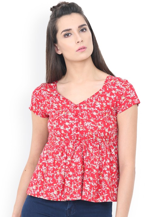 Women Red Printed Empire Top L