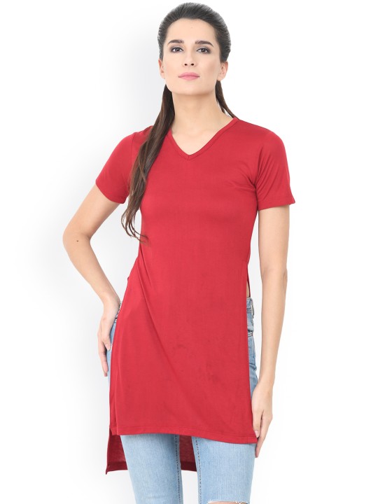 Women Red Solid High-Low Top S