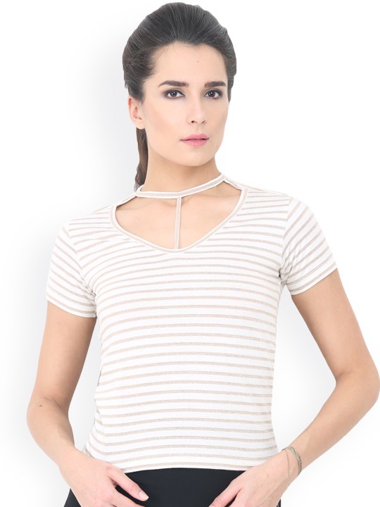 Women Cream-Coloured Striped Top S