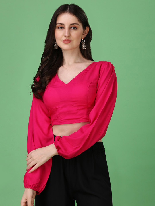 Oomph V-Neck Long Puff Sleeves Cotton Saree Blouse
