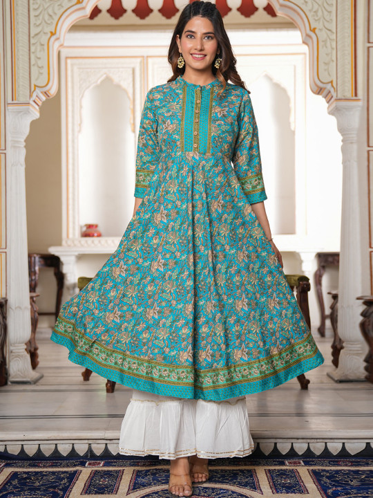 YASH GALLERY Floral Printed Mandarin Collar Anarkali Kurta