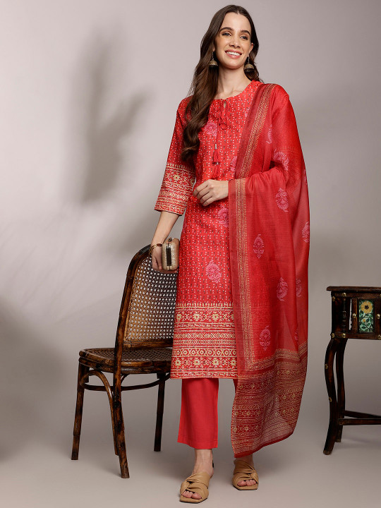 Anouk Women Ethnic Motifs Print Tie-Up Neck Kurta with Trousers & With Dupatta