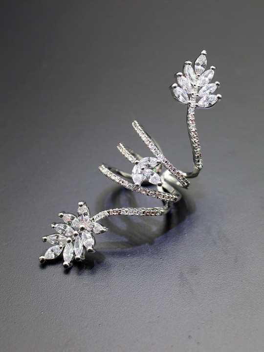 Silver-Toned & White Gold-Plated CZ Stone-Studded Spiral Ring