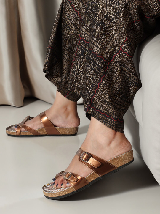 ELLE Printed Leather Open Toe Flats With Buckles