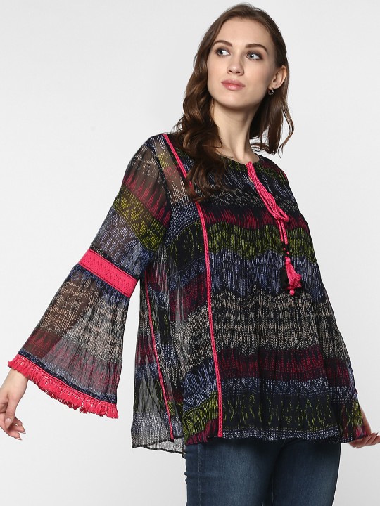Women Black Printed A-Line Top S