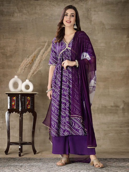Stylum Bandhani Printed Sequinned Anarkali Kurta With Palazzos & Dupatta