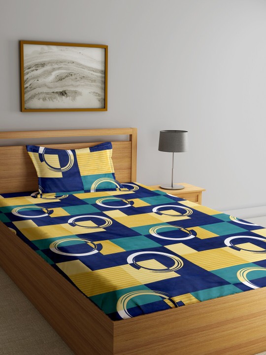 Fashion String Yellow Geometric 144 TC Microfiber Single Bedsheet With 1 Pillow Cover