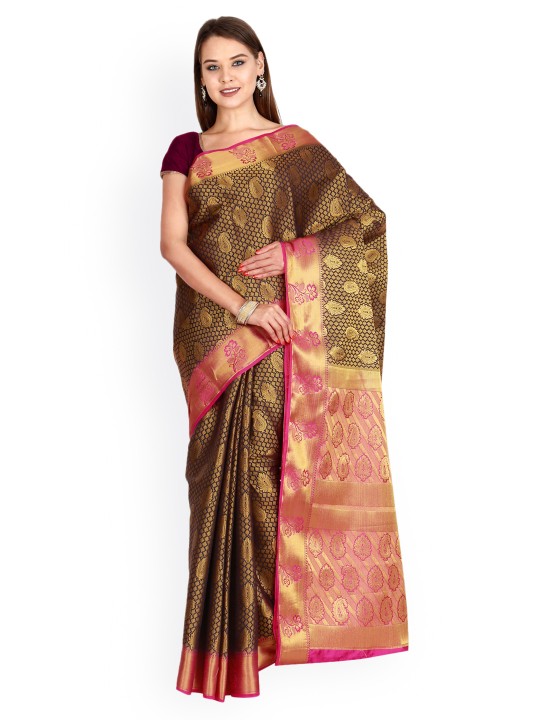 Navy Blue & Gold-Toned Art Silk Woven Design Kanjeevaram Saree
