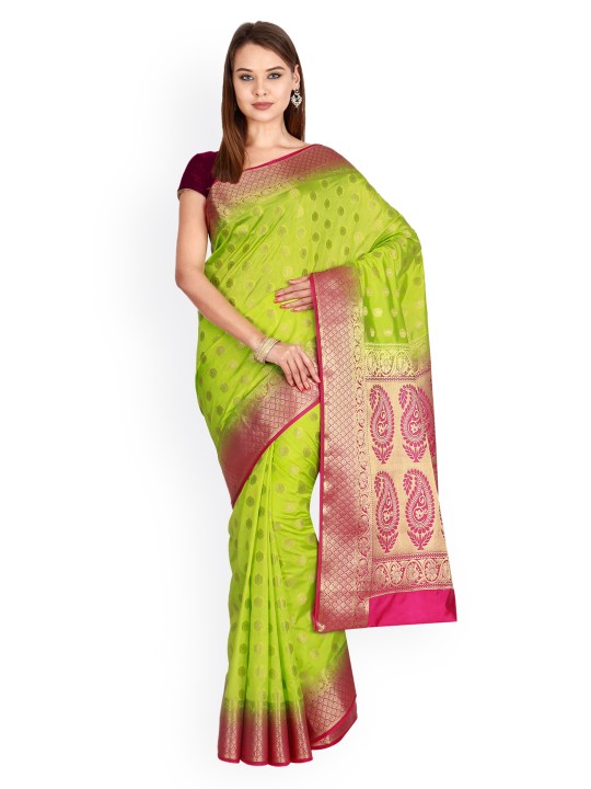 Lime Green & Pink Art Silk Woven Design Kanjeevaram Saree