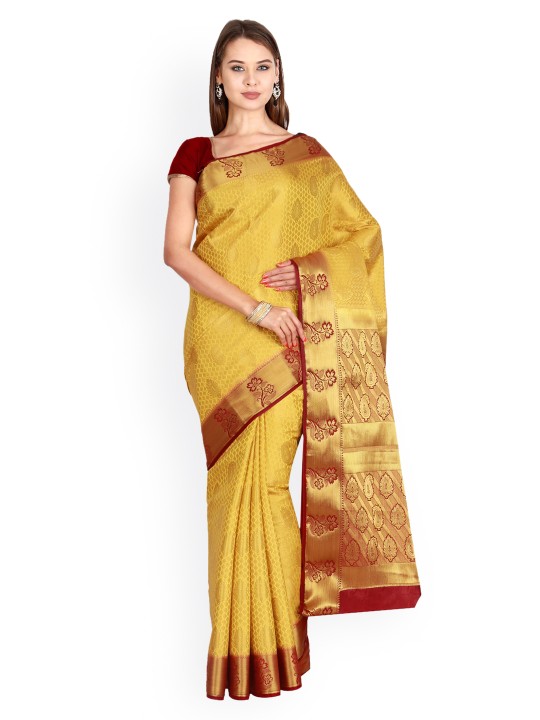 Gold-Toned & Maroon Art Silk Woven Design Kanjeevaram Saree