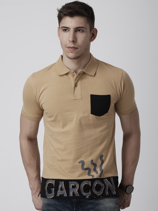 Men Beige Printed Polo Collar T-shirt S