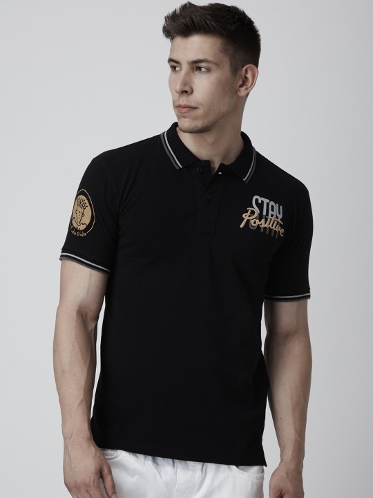 Men Black Printed Polo Collar T-shirt S