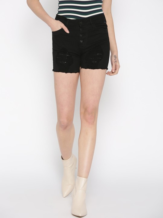 Women Black Solid Slim Fit Distressed Denim Shorts 28