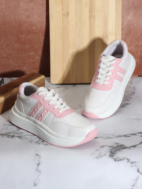 Roadster The Lifestyle Co. Women White & Pink Perforations Lightweight Sneakers